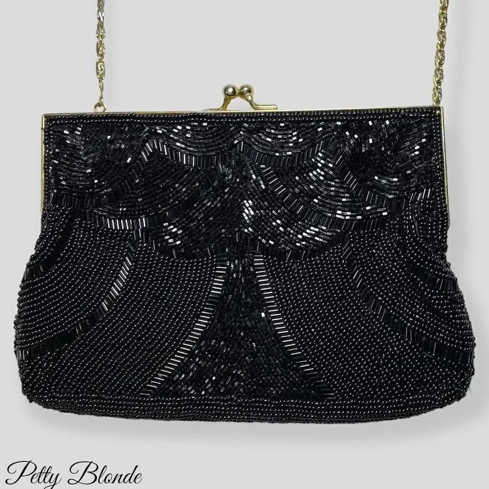 Elegant Black Beaded Clutch: Stunning Beadwork,‎ Dainty Strap, & Bronze Hardware